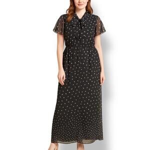 ModCloth Black Dandelion Maxi Dress Bow Detail Tie Neck Sheer Flutter Sleeve XS